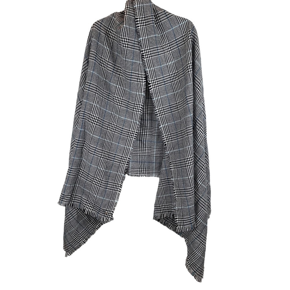 Esprit Houndstooth Blanket Scarf Shawl Wrap Black White Fringe Blue Contrast